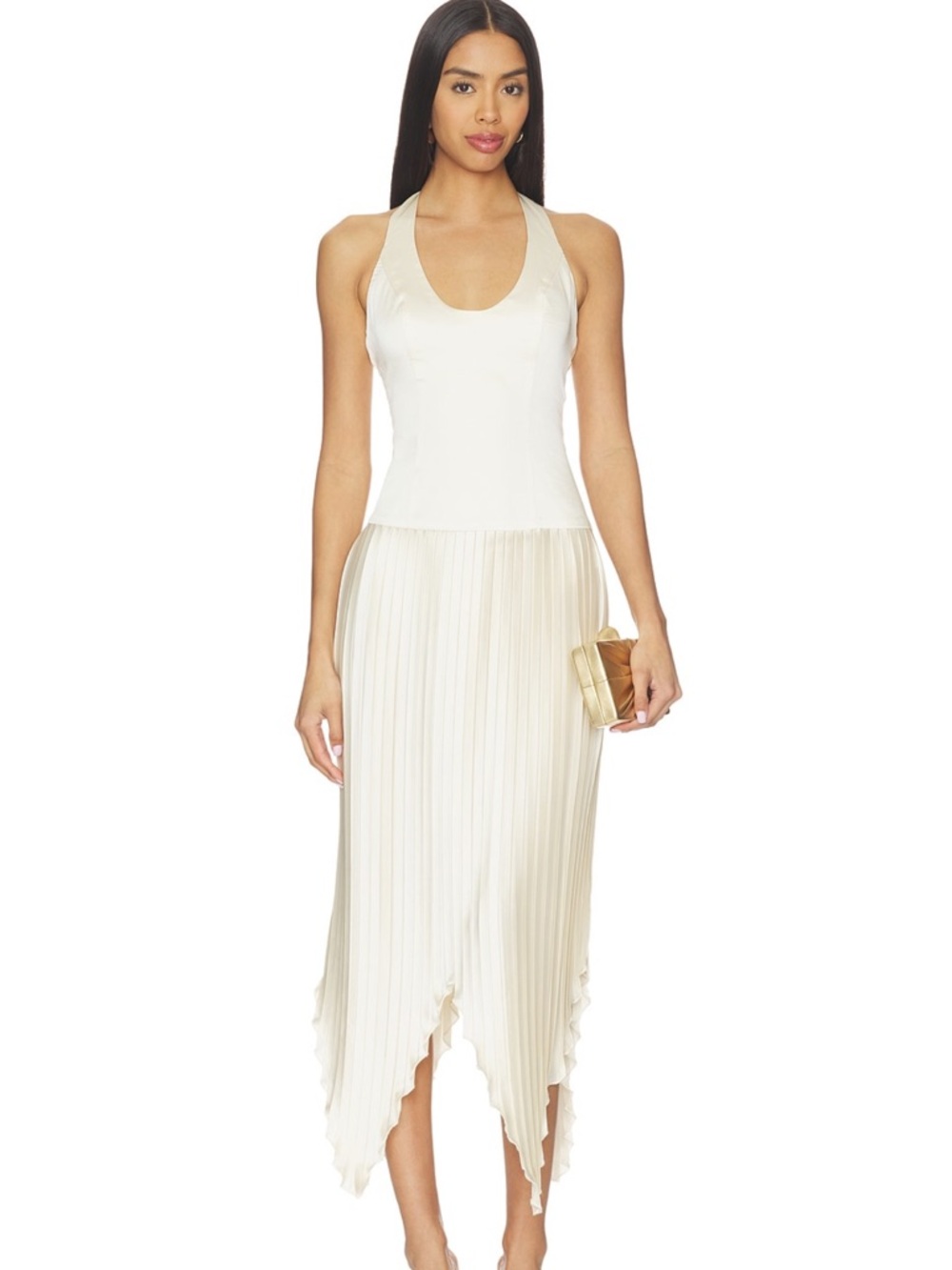 Lovers + Friends Ivory Halter Pleated Handkerchief Hem Dress